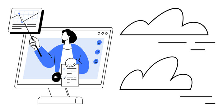 Person presenting data and holding a document on a computer screen, with floating clouds in the background. Ideal for e-learning, webinars, remote work, digital marketing, data analysis, teamwork