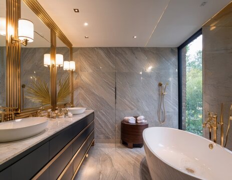 Luxury spa bathroom with marble walls, freestanding tub, gold fixtures, backlit mirror, and recessed ceiling lights