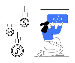 Developer working on code displayed in a panel with dollar icons falling. Ideal for programming, coding, revenue generation, online payment, financial technology, software development, simple landing