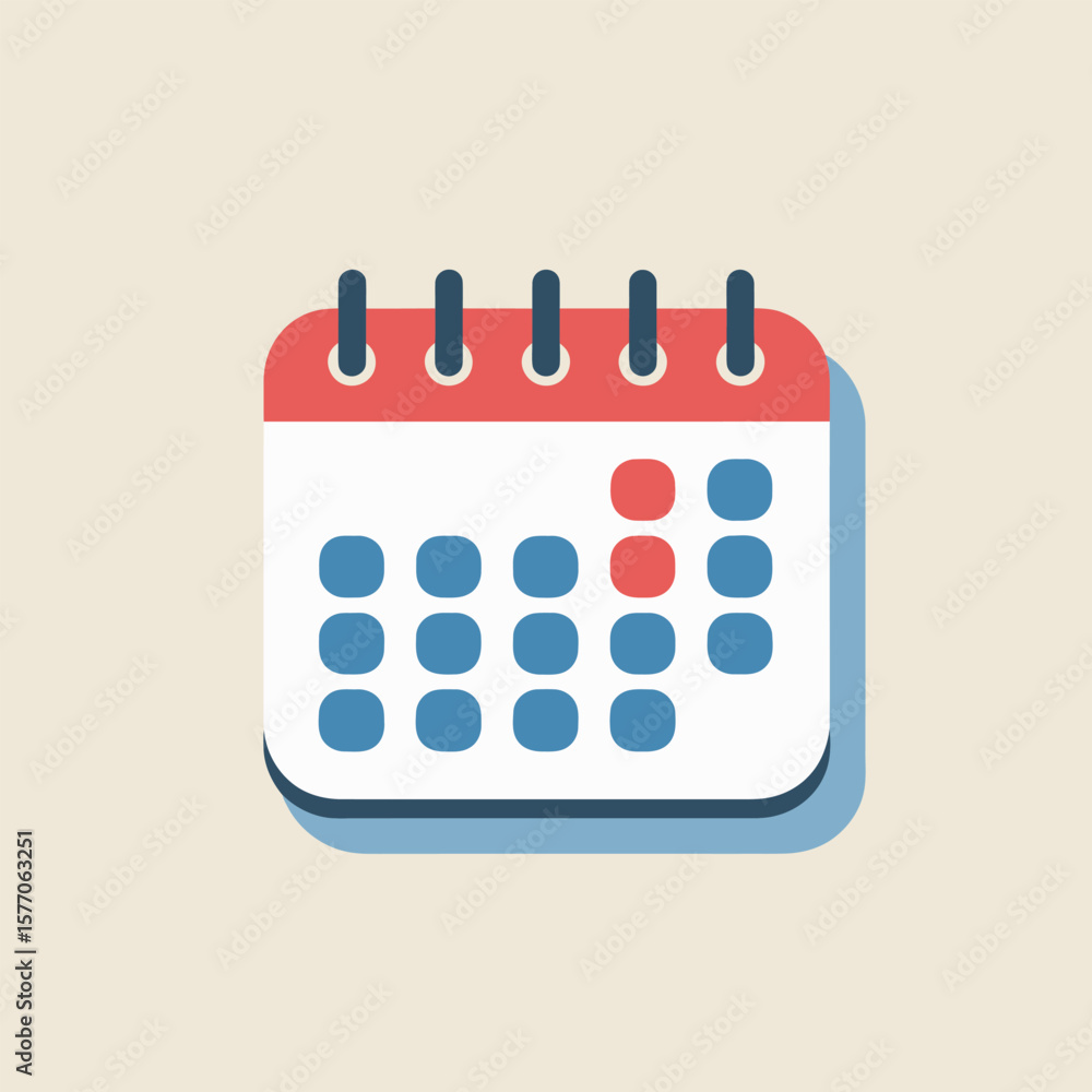 Aufkleber flat design calendar icon red and blue event dots spiral binding white background simple minimalist 