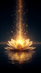 glowing lotus, golden light, reflection, water surface, spiritual, meditation, tranquility, serenity, enlightenment, mystical, ethereal, sacred flower, peaceful, zen, harmony, inner peace, magical