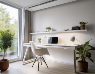 Fototapeta premium Minimalist home office with white walls, floating desk, hidden storage, and a single potted plant near a large window