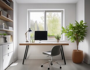 Minimalist home office with white walls, floating desk, hidden storage, and a single potted plant near a large window