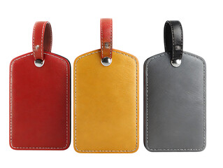 Three colorful leather luggage tags with metal fasteners isolated on transparent background