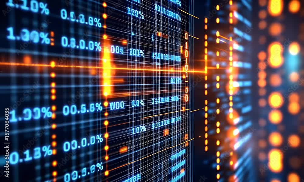 Poster a blurred background of computer code and data streams, representing fast-paced digital technology w