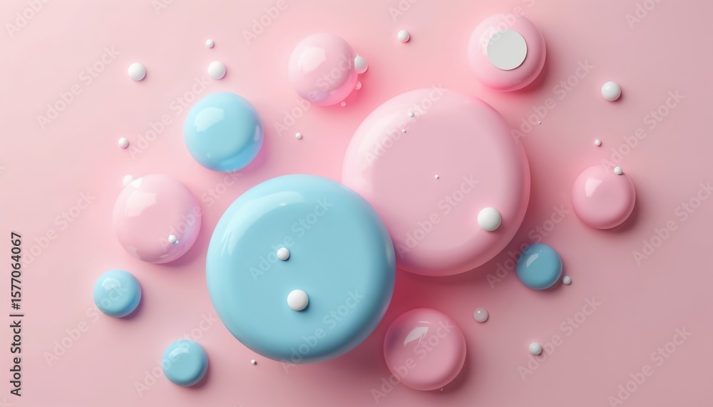 Poster 3d abstract shapes in pink, blue, white on gradient background. small round objects scattered at var