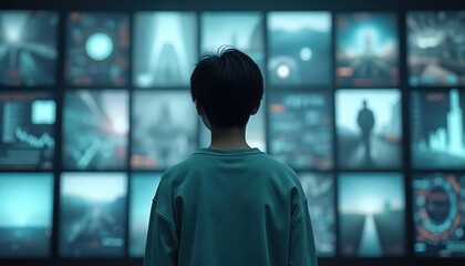 Person stands in front of a TV screen displaying various images. Blue sweatshirt, engrossed in digital content, grid of images on screen. Deep blue background, hint of green.