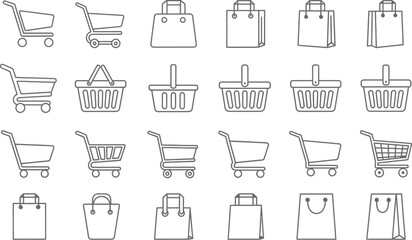 Vector art of a variety of shopping carts, bags, and baskets are depicted as simple line drawings, representing the act of shopping, isolated on white background