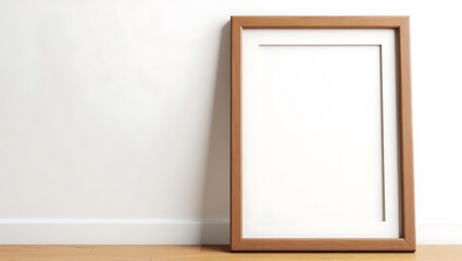 Wooden picture frame is leaning against a white wall on a wooden floor