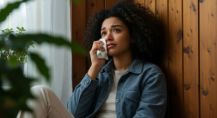 Young woman wiping tears, expressing sadness or grief indoors