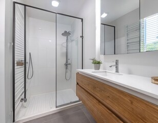 Minimalist white bathroom with hidden storage, vessel sink, frameless mirror, and floor-level walk-in shower