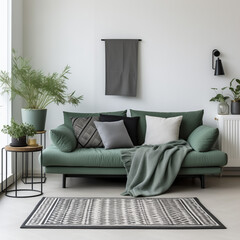 modern living room with green sofa