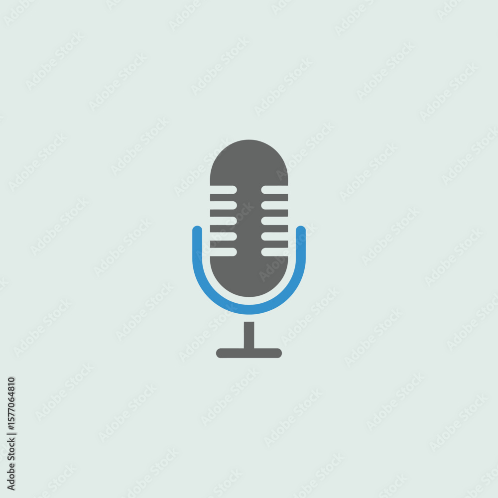 Poster gray and blue flat icon design of a retro microphone on a light gray background simple two color pod