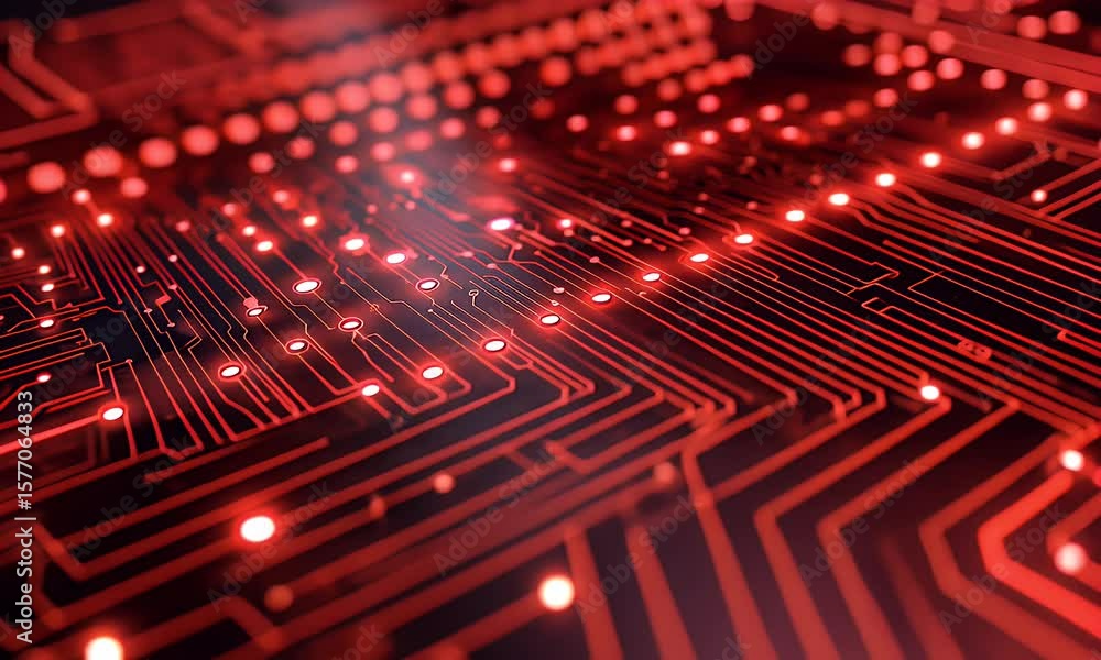 Fototapete 
Abstract digital background with a circuit board and binary code, symbolizing technology and data transfer concepts. Close-up view.


