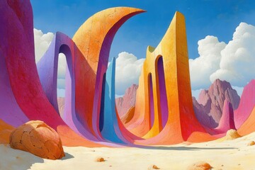 Surreal Colorful Desert Landscape With Abstract Structures