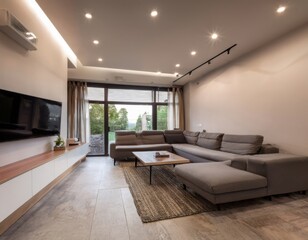Fototapeta premium Modern basement lounge with sectional sofa, recessed lighting, neutral tones, and wall-mounted flat screen