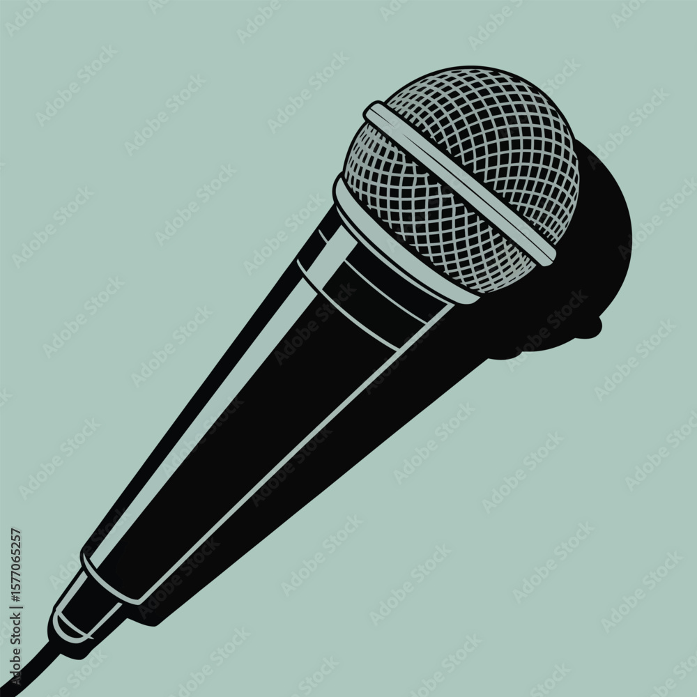 Poster black and white vector style illustration of a microphone against a light teal background showing a 
