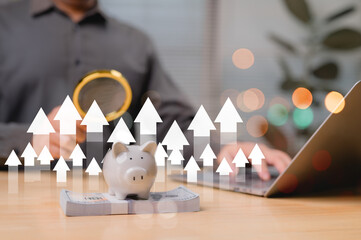 Financial Growth Analysis Piggy Bank Dollar Bills Representing Short Term Investment Wealth, Bank...