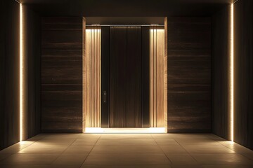 Minimalist solid wood entrance door with a hidden handle, accented by vertical lighting strips on either side 