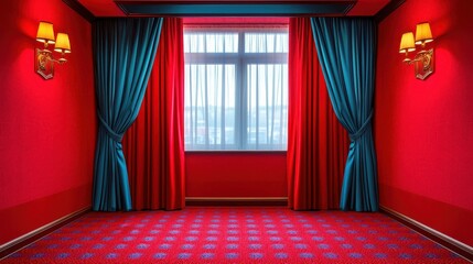 Elegant Red Room With Blue Curtains And Lighting