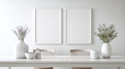Minimalist dining room mockup with blank frames