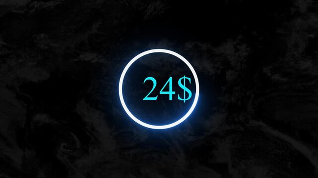 dollar number 24 . neon glowing counter Susan on a black background counting with animated counting dollar....