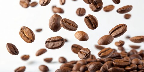 Obraz premium Flying coffee beans in a dynamic aerial display showcasing their natural beauty and texture isolated on a bright background