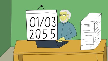 animated illustration of an office employee working from young to old
