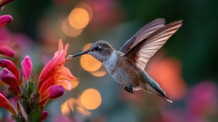 Fototapeta premium Hummingbird feeding on flower nature garden wildlife photography vibrant background close-up view beauty of nature