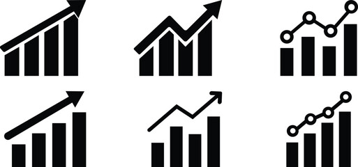 Growing Graph icon set.A dynamic illustration featuring a rising chart with arrow, business bar sign, and progress bar symbol, representing success and profit growth. Ideal for apps, websites.