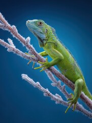 Vibrant green iguana climbing branches close-up photography natural habitat studio lighting wildlife exploration