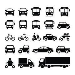 Fototapeta premium Black and White Transportation Icon Collection Featuring Cars Buses Trains Bikes Trucks and More A Diverse Set of Simple Vehicle Glyphs for Design Projects