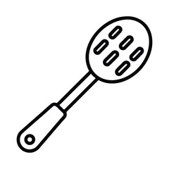 Simple line drawing of a slotted spoon kitchen utensil isolated on white background
