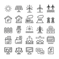 Collection of Black and White Line Icons Depicting Renewable and Non Renewable Energy Sources Power Generation Transmission and Consumption Smart Grid Technologies and