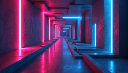 Surreal scene of endless hallway with pink, blue neon lights casting warm glow on concrete walls with intricate patterns. Shimmering lights, minimalist design, futuristic tunnel, abstract art,