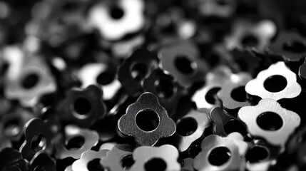 Close-up of scattered sequins with floral cutout design in monochrome