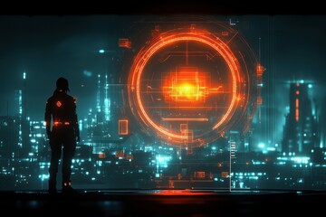 Futuristic Cityscape With Digital Holographic Interface