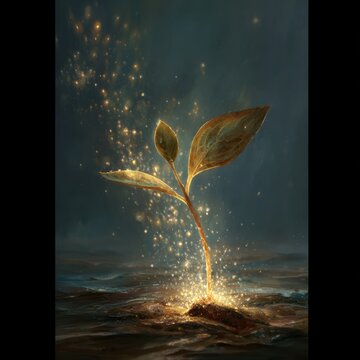 Vibrant photo of captivating scene of a seedling taking root within the contours of a soul, illuminated by a soft inner glow that reflects the inherent potential for growth.