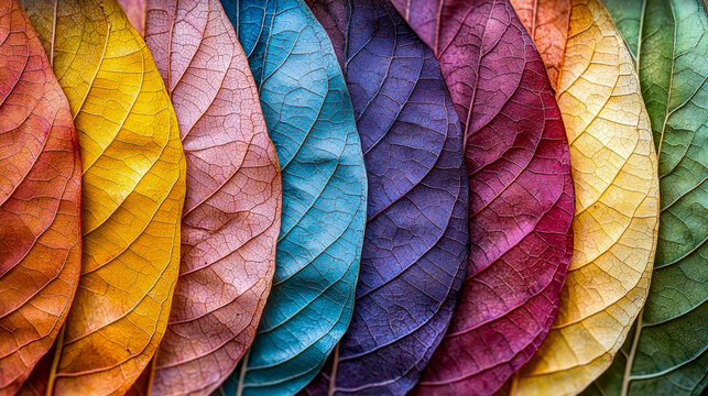 Close-up of colorful autumn leaves displaying vibrant hues and detailed vein patterns