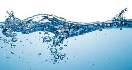 Close‑up studio photo shows a dynamic cresting wave of blue water with suspended bubbles, illustrating freshness, purity, hydration, and the vital essence of clean water.
