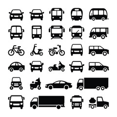 Collection of Black and White Vehicle Icons Including Cars Buses Trucks Motorcycles Bicycles and Vans Depicted in a Simple Front and Side View Style Against a White Background