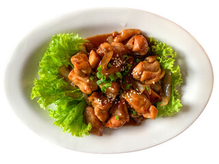Teriyaki chicken served on a white plate with a white background. A popular Japanese-inspired dish featuring grilled or pan-seared chicken glazed with a sweet and savory teriyaki sauce. 