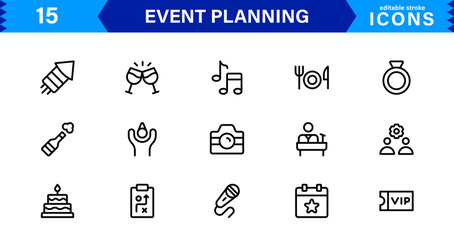 Vector Icon Collection for Event Planning Including Invitations, Decorations, Timelines, and Coordination Tools in Minimal and Modern Style