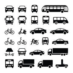 Collection of Black Silhouette Icons Depicting Various Modes of Transportation Including Cars Buses Trains Bikes and Trucks on White Background 1