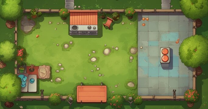 Top-Down View of a Cozy Stylized House and Garden with Swimming Pool