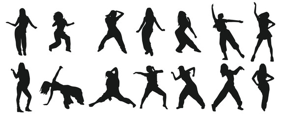 set female dancer silhouettes street dance with various different styles poses vector graphic.