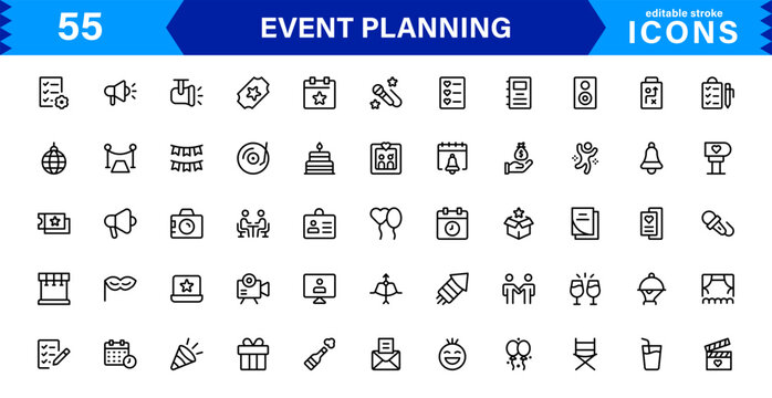 Vector Icon Collection for Event Planning Including Invitations, Decorations, Timelines, and Coordination Tools in Minimal and Modern Style