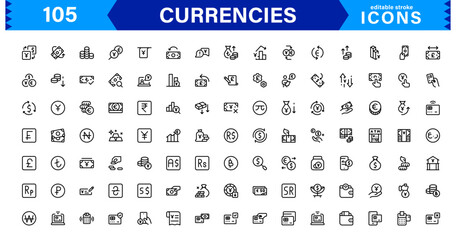 Currency Icons Collection — Flat and Line Art Vector Set