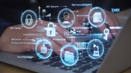 Cyber Security Concept: Hands on Laptop with Digital Overlay.