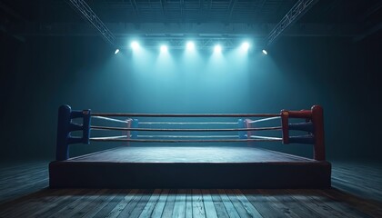 Boxing ring in red, blue colors with ropes forming geometric pattern. Dynamic training environment with rings at various positions. Dark star-filled room background contrasts with brightly lit ring.